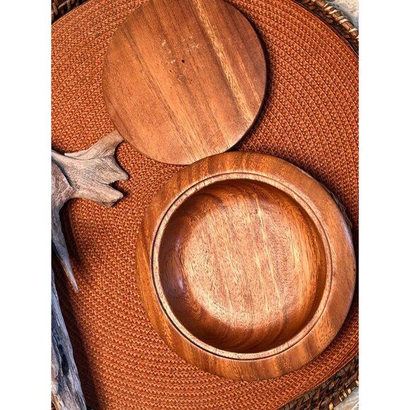 Vinage Teak Lidded Bowl Wide Lip Brim - Picture 3 of 5